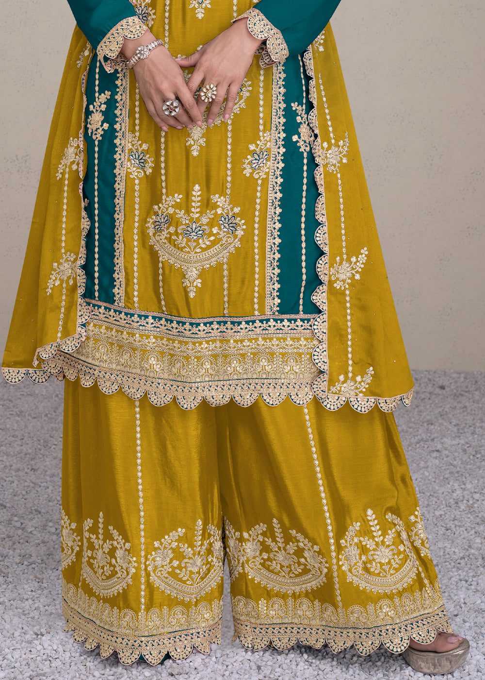 Mustard Yellow Embroidered Chinon Silk Plazzo Suit