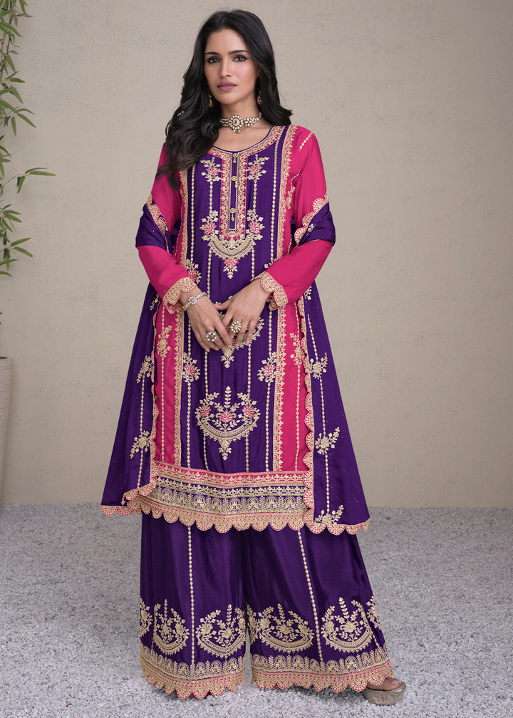 Grape Purple Embroidered Chinon Silk Plazzo Suit