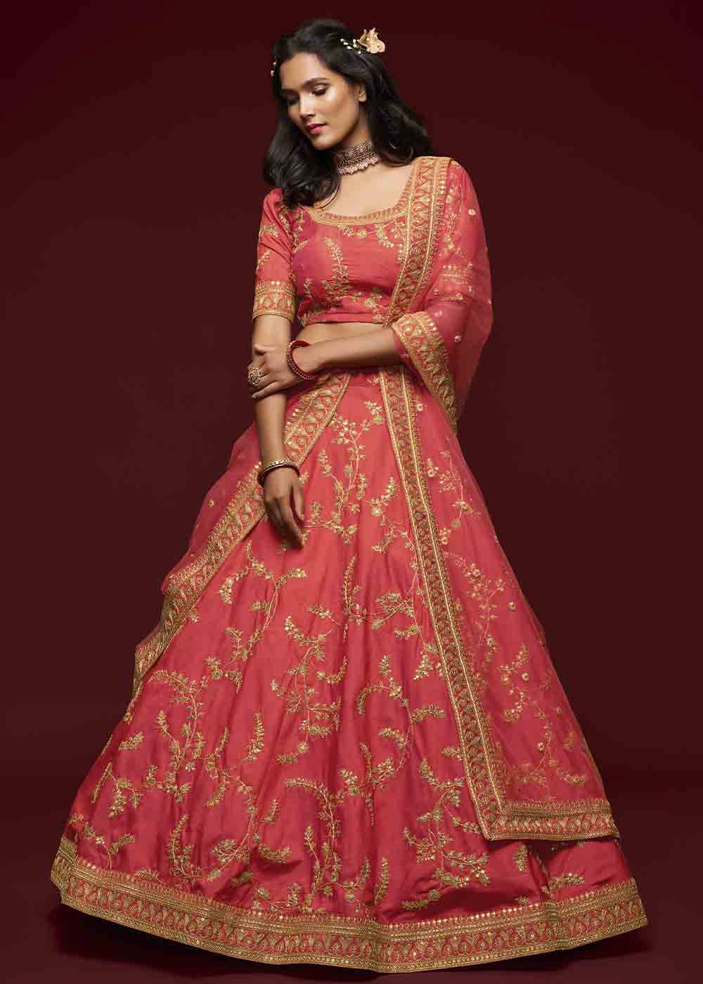 Net Wedding Wear Gajari Pink Color Embroidery Semi-Stitched Lehenga Choli  at Rs 2550 in Surat