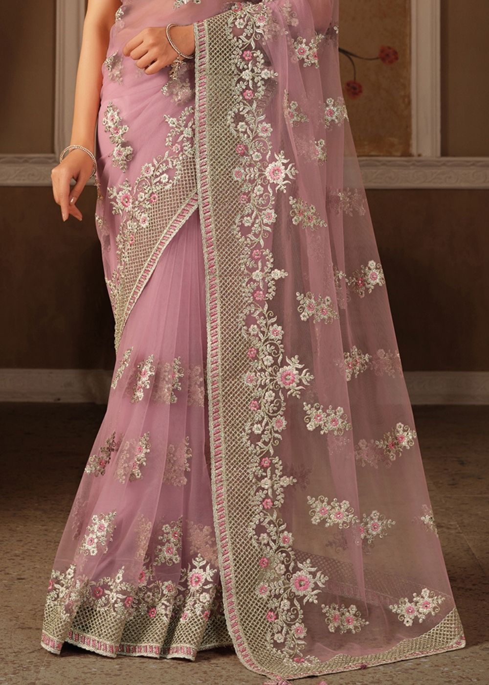 Amarnath Pink Net Designer Saree with Zari, Resham & Swarvoski work