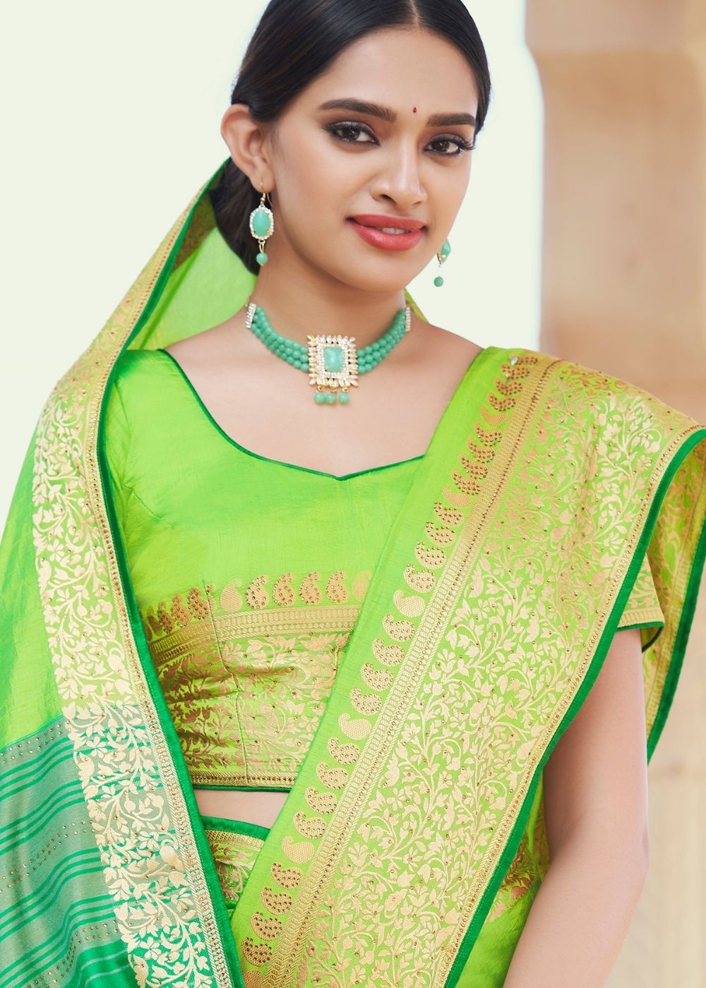 Lime Green Zari Woven Soft Silk Saree – Ethnos Global