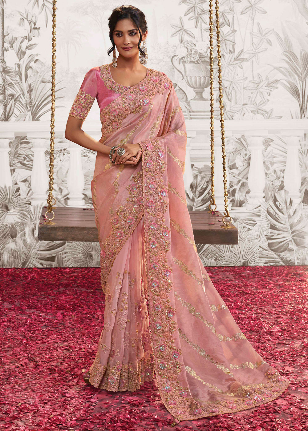 Light Peach Pink Designer Heavy Embroidered Silk Saree – Ethnos
