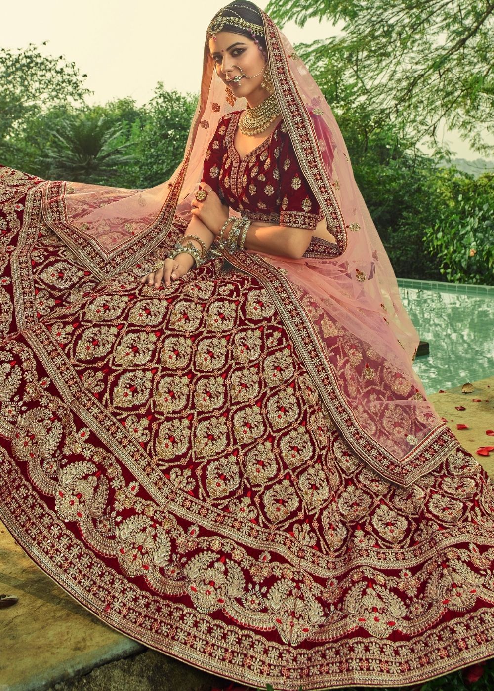 Mahogany Red Bridal Velvet Lehenga Choli with Embroidery & Hand work