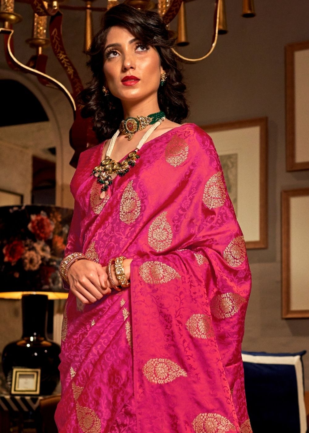 Ruby Pink Pure Satin Woven Silk Saree with overall Golden Buti