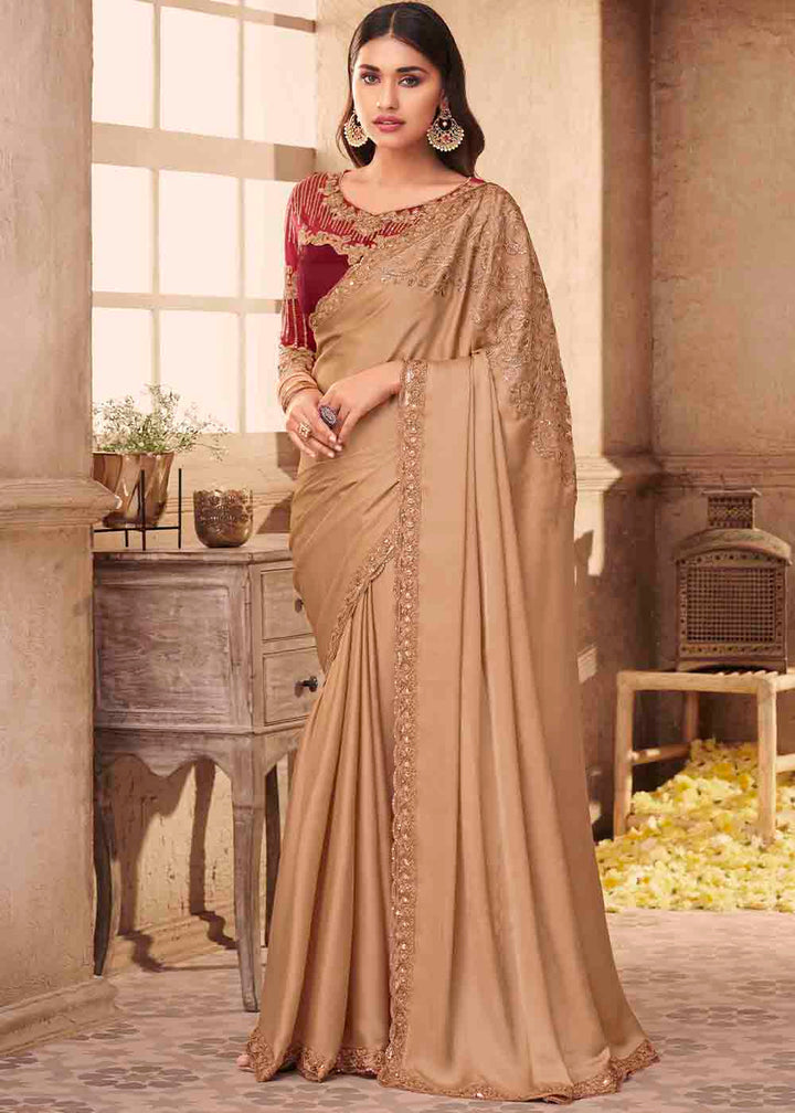 Light Brown Designer Embroidered Satin Silk Saree with Sequence work