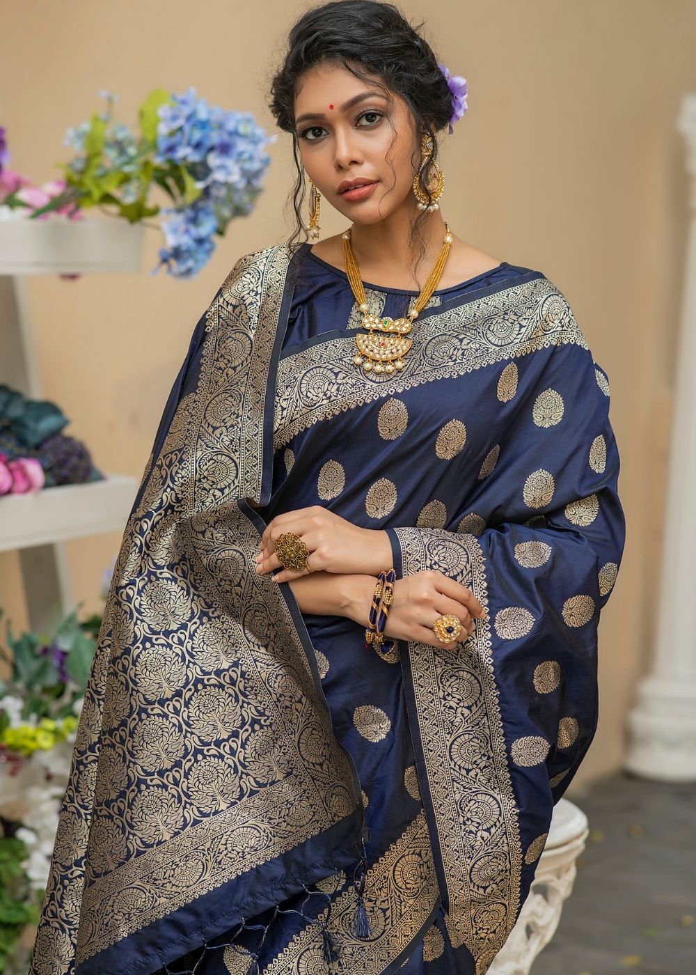 Aegean Blue Soft Banarasi Silk Saree with overall Butti