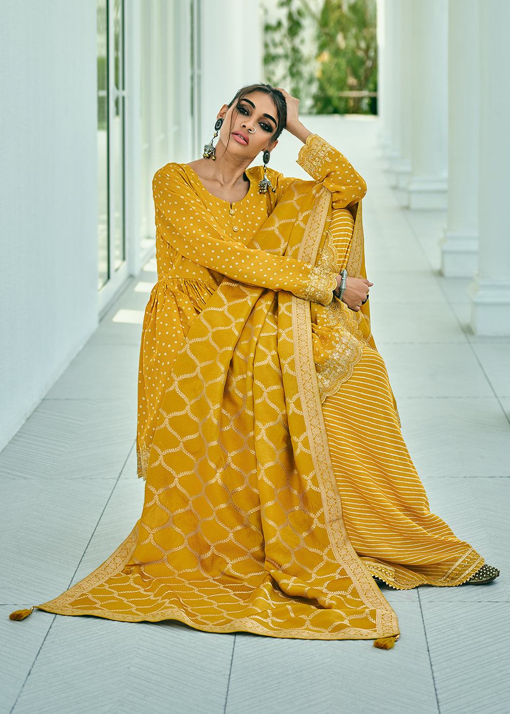 Amber Yellow Bandhani Printed Viscose Muslin Salwar Suit with Embroidery work