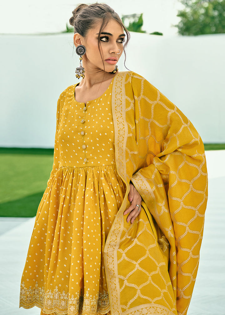 Amber Yellow Bandhani Printed Viscose Muslin Salwar Suit with Embroidery work