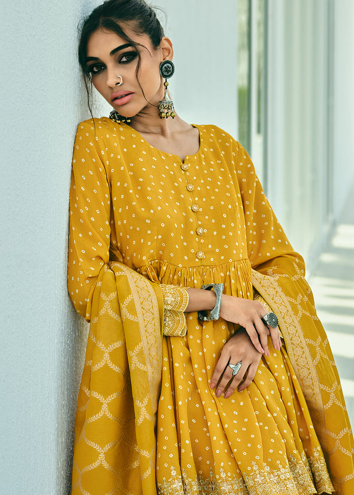 Amber Yellow Bandhani Printed Viscose Muslin Salwar Suit with Embroidery work