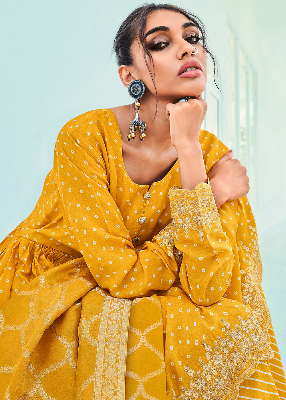 Amber Yellow Bandhani Printed Viscose Muslin Salwar Suit with Embroidery work