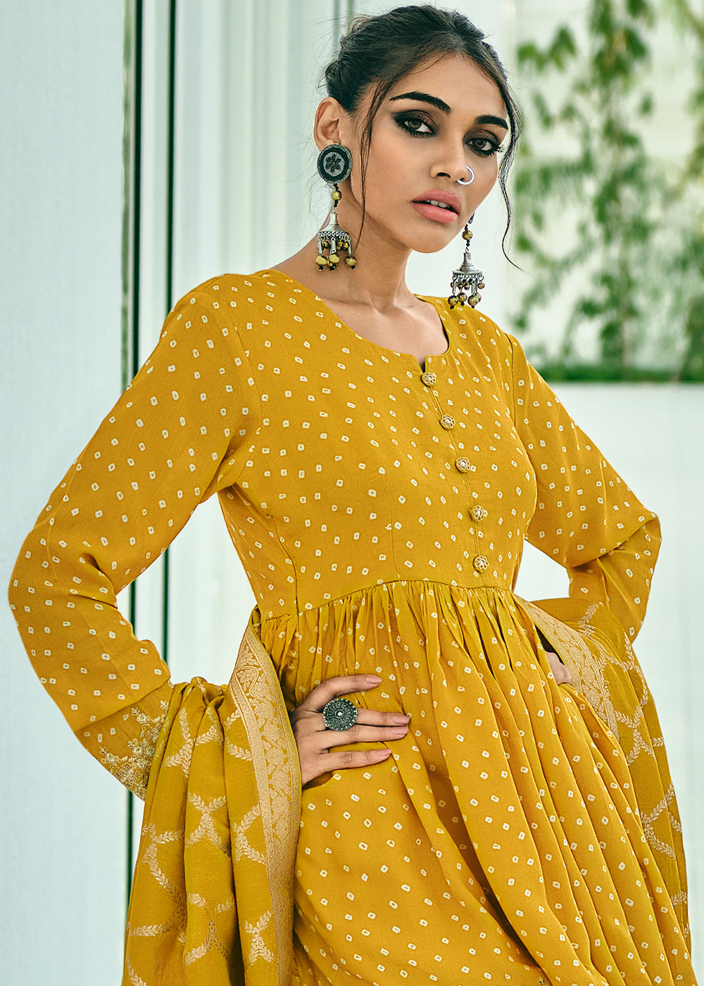 Amber Yellow Bandhani Printed Viscose Muslin Salwar Suit with Embroidery work