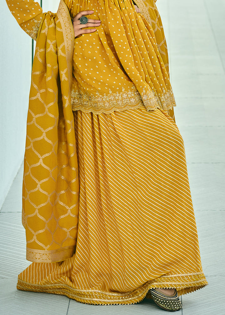 Amber Yellow Bandhani Printed Viscose Muslin Salwar Suit with Embroidery work