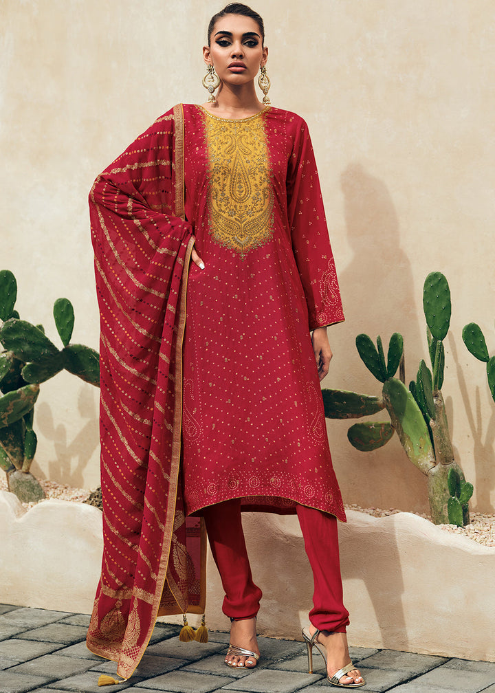 Ruby Red Bandhani Printed Viscose Salwar Suit with Embroidery Work
