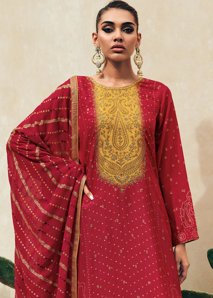 Ruby Red Bandhani Printed Viscose Salwar Suit with Embroidery Work