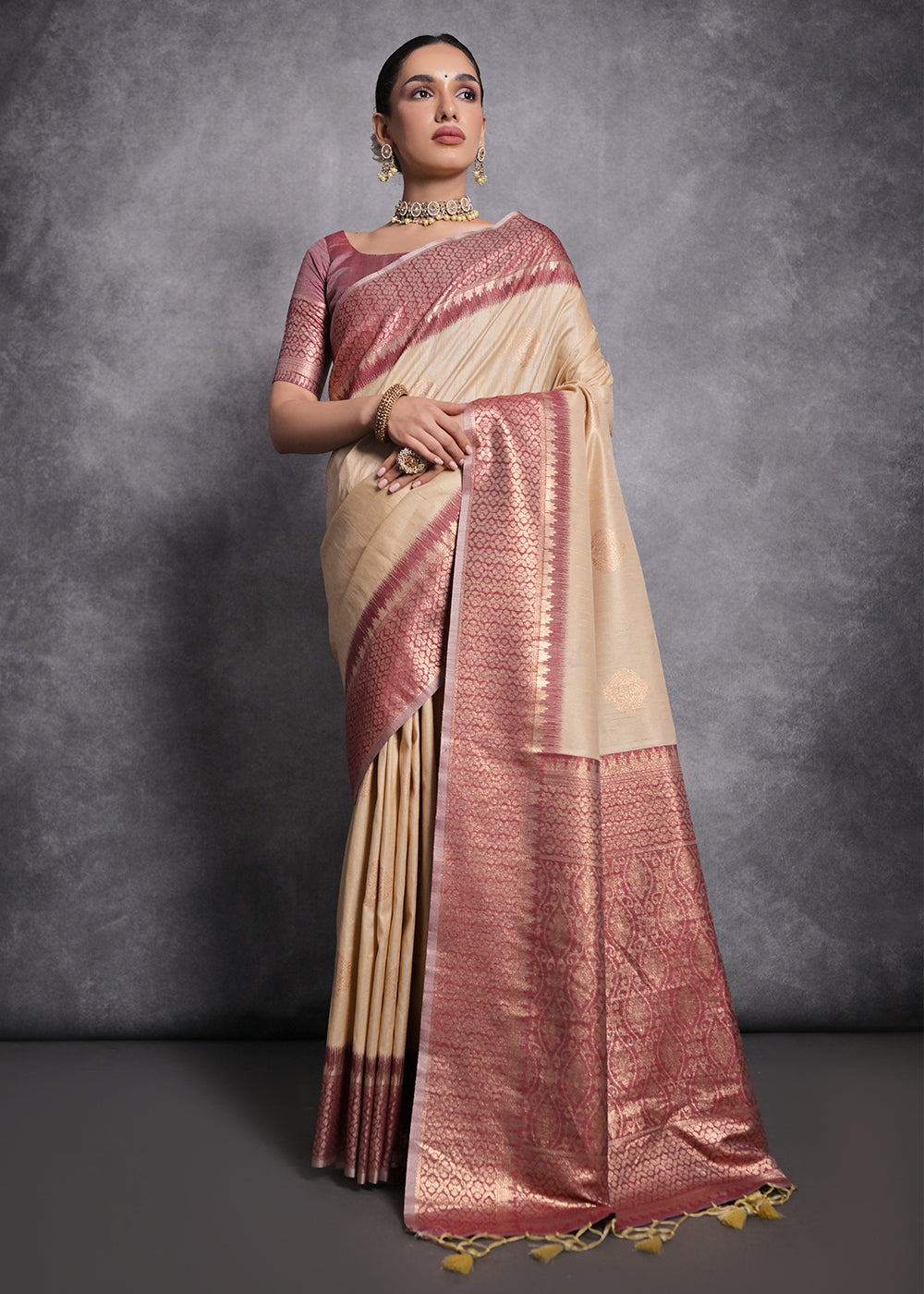 Chiku Brown Tussar Silk Saree with Zari Woven Contrast Border – Ethnos