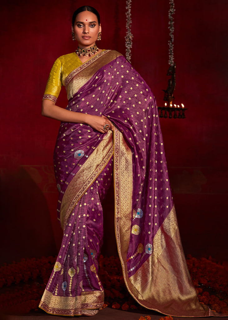 Superb Purple Soft Banarasi Silk Saree with Zari Weaving and Contrast Blouse  | T | The Silk Trend