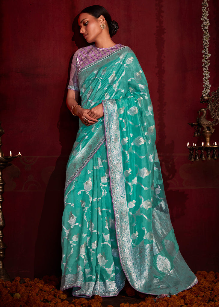 Turquoise Blue Printed Soft Silk Saree – Zari Banaras