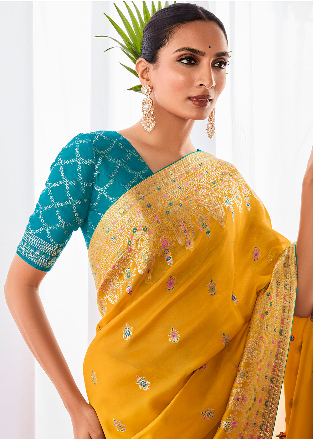 Saffron Yellow Kora Silk Saree with Meenakari Pallu & Designer Blouse