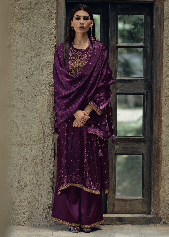 Mardi Gras Purple Bandhani Printed Velvet Salwar Suit With Embroidery Work: Top Pick