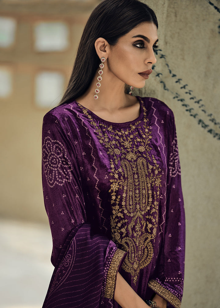 Mardi Gras Purple Bandhani Printed Velvet Salwar Suit With Embroidery Work: Top Pick