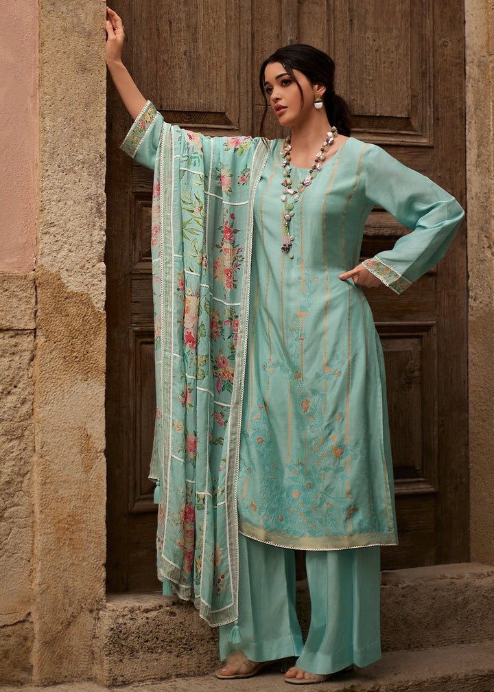 Zenith Blue Floral Printed Viscose Muslin Salwar Suit