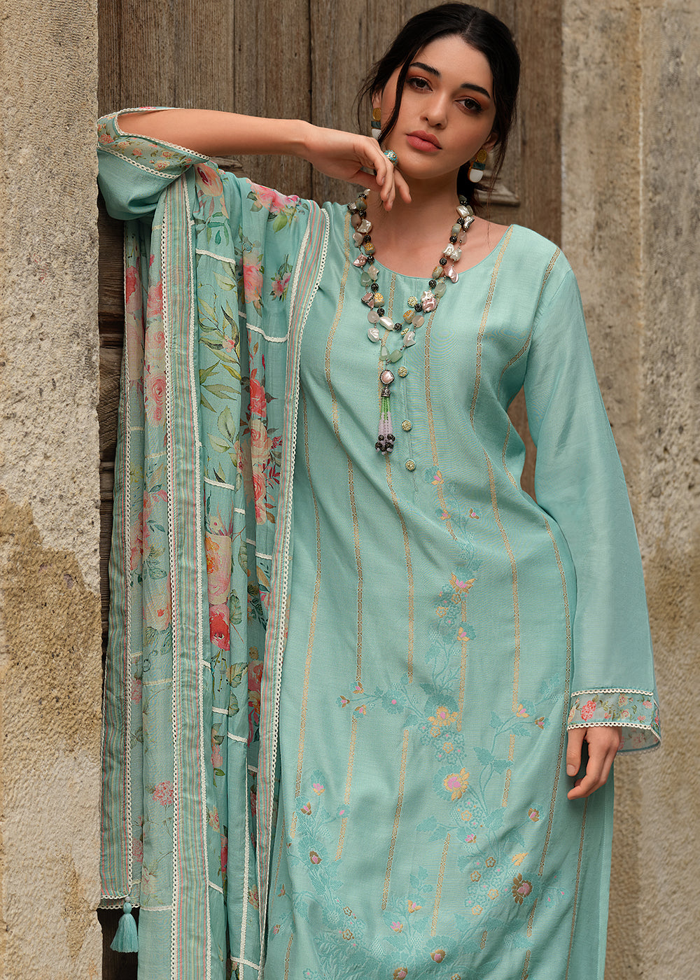 Zenith Blue Floral Printed Viscose Muslin Salwar Suit