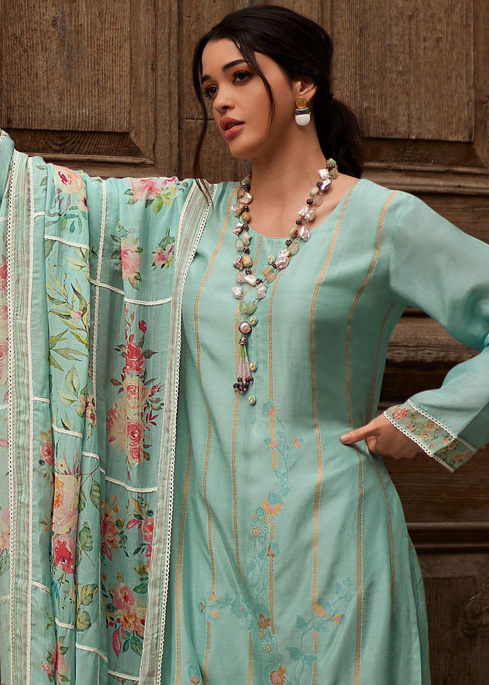 Zenith Blue Floral Printed Viscose Muslin Salwar Suit